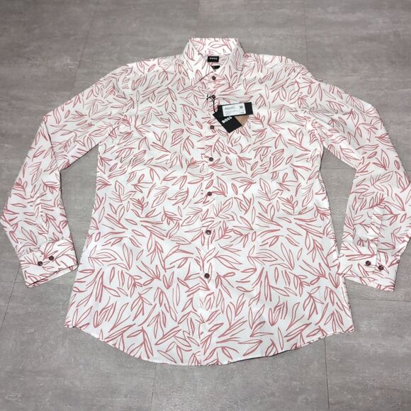HUGO BOSS Other - Hugo Boss White Red Floral Button Down Slim Fit Stretch Collar Shirt Large NWT